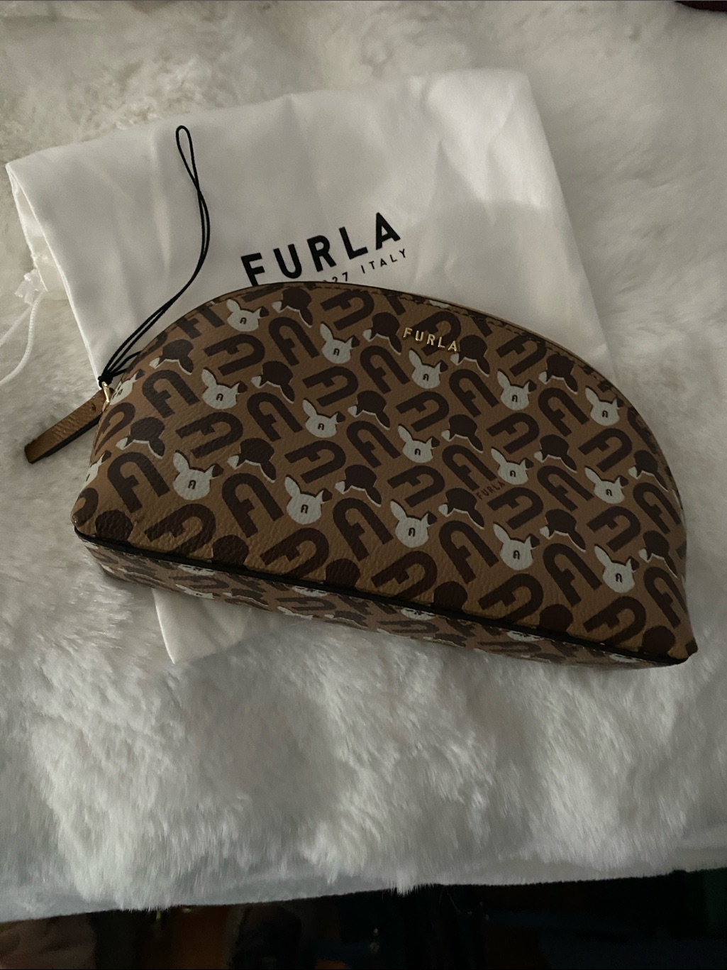 Furla Tan And Brown Logo-Print Half-Moon Pouch With Dust Bag New Without Tags